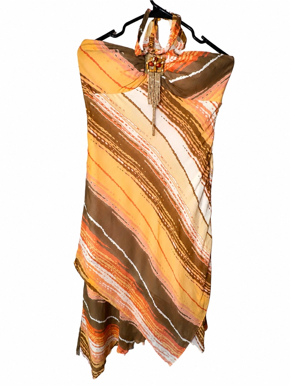 Sangria 100% Silk Beaded Halter Handkerchief Hem Dress Size 10 Resort Boho